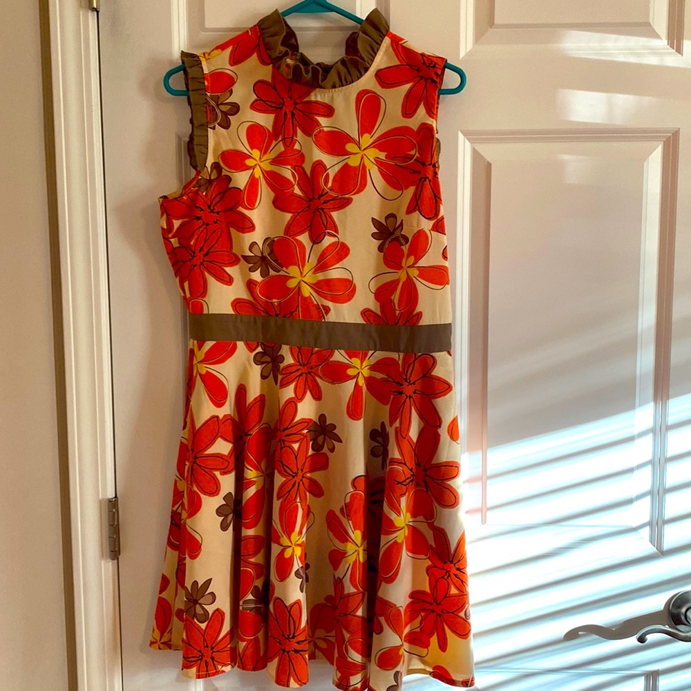 Vibrant Floral Mini Dress - Orange and Brown